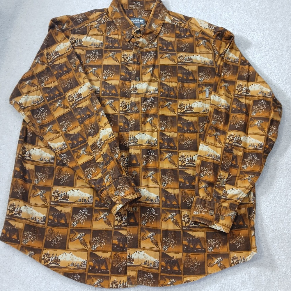 Woolrich Shirt Mens 2xl Button Up All Over Print Outdoor Woodblock